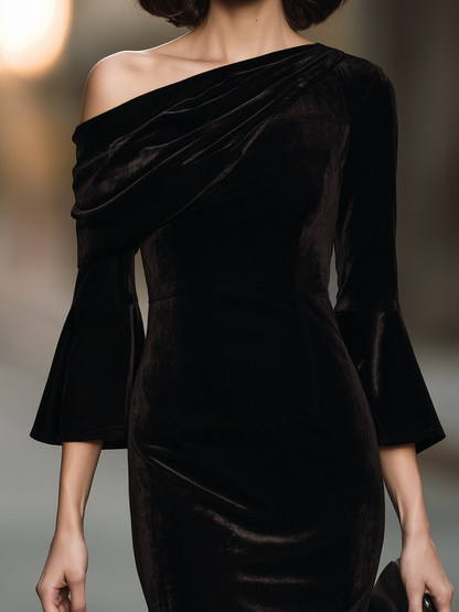 Asymmetric One-Shoulder Draped Flounce Sleeve Velvet Sheath Midi Dress