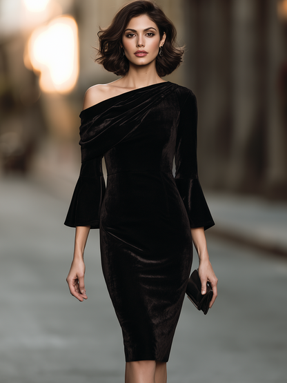 Asymmetric One-Shoulder Draped Flounce Sleeve Velvet Sheath Midi Dress