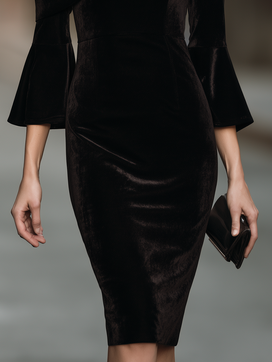 Asymmetric One-Shoulder Draped Flounce Sleeve Velvet Sheath Midi Dress