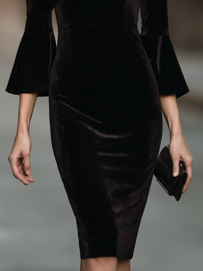 Asymmetric One-Shoulder Draped Flounce Sleeve Velvet Sheath Midi Dress