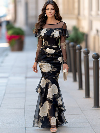 Floral Print Mesh Ruched Maxi Dress