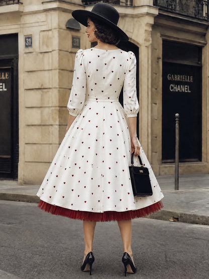 Vintage Ivory Heart-Print Scoop-Neck A-Line Midi Dress