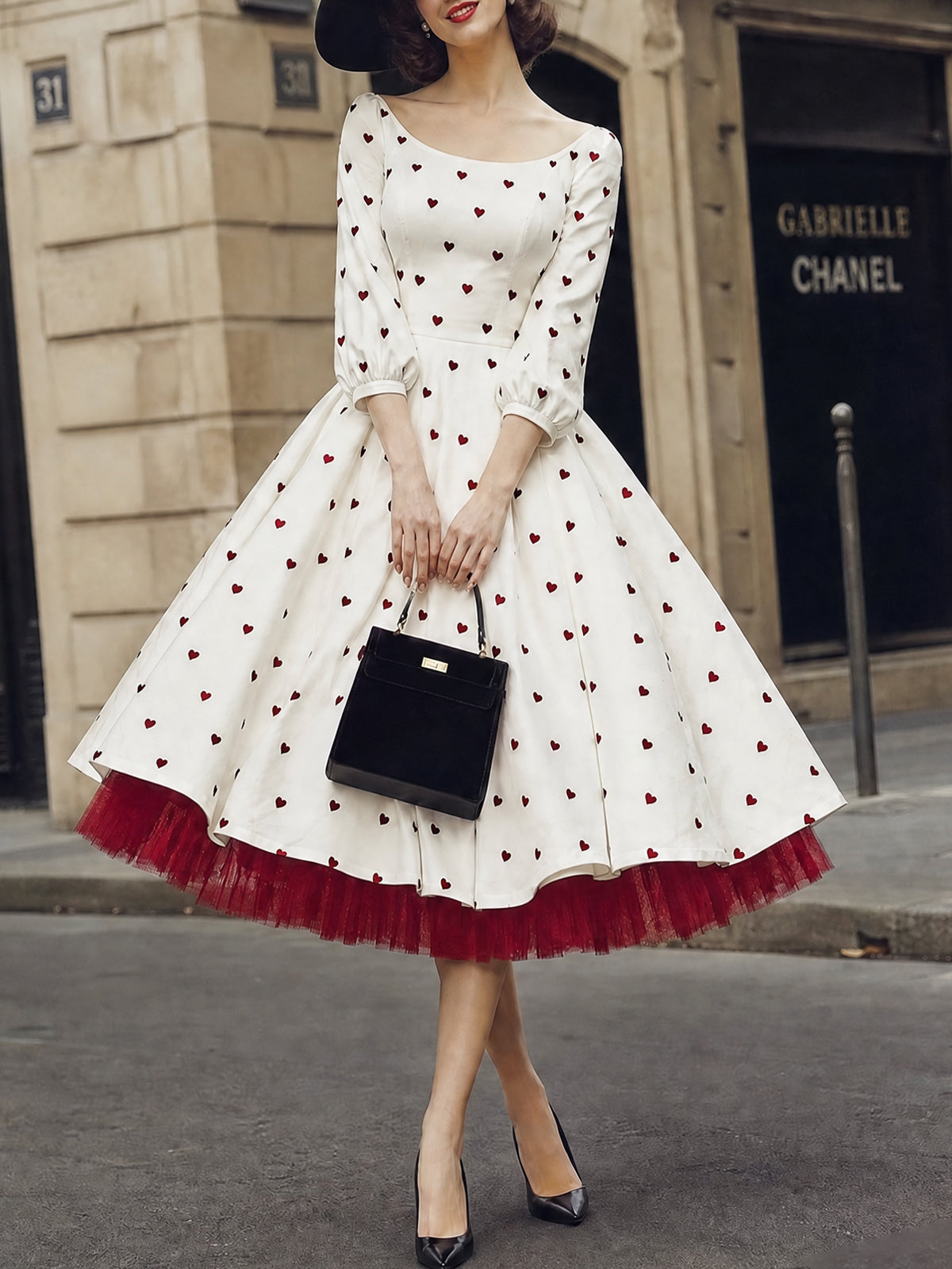 Vintage Ivory Heart-Print Scoop-Neck A-Line Midi Dress