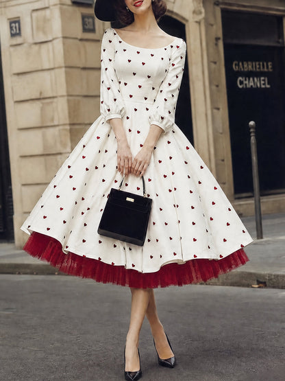 Vintage Ivory Heart-Print Scoop-Neck A-Line Midi Dress