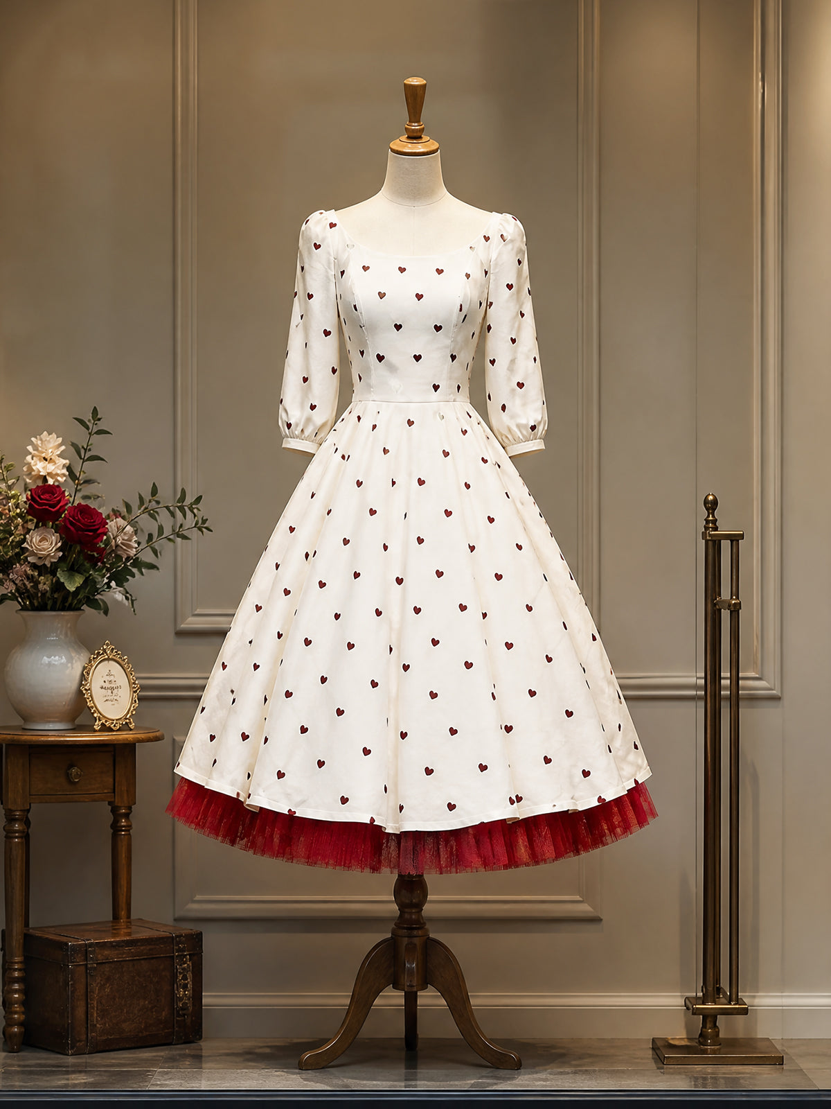 Vintage Ivory Heart-Print Scoop-Neck A-Line Midi Dress