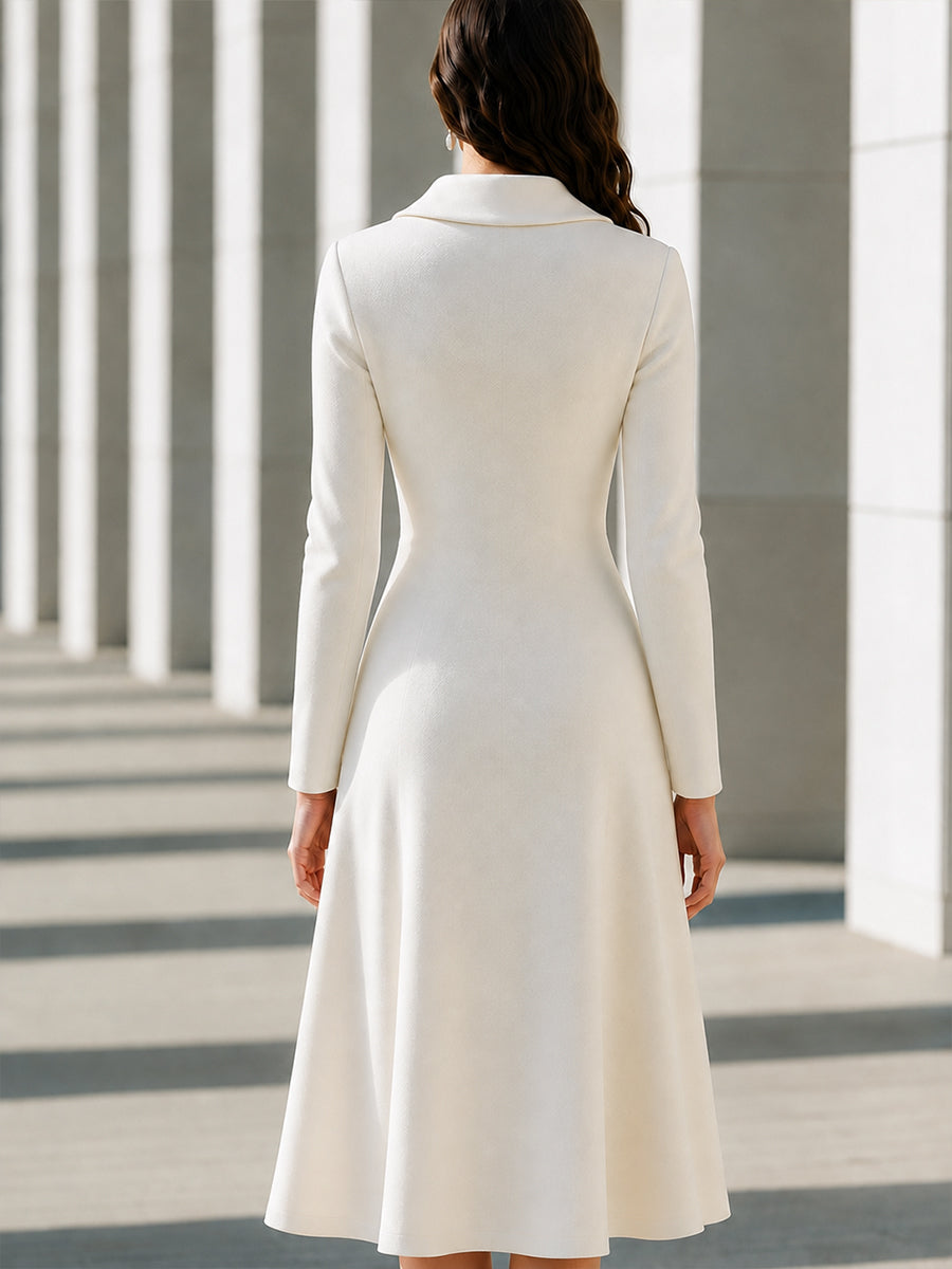 Shawl-Collar Button-Front A-Line Midi Dress