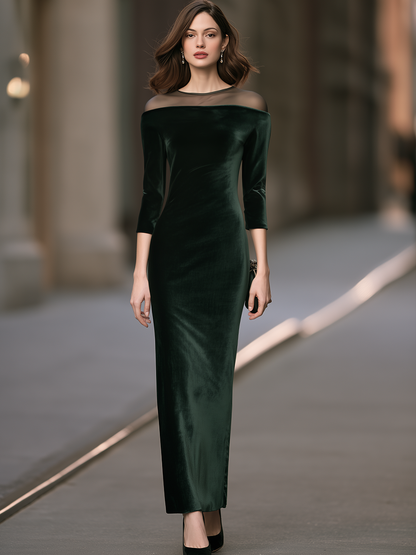 Elegant Velvet Mesh-Panel Off-Shoulder Maxi Evening Dress