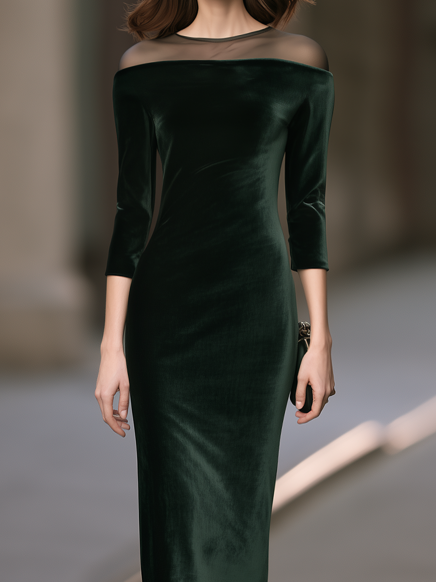 Elegant Velvet Mesh-Panel Off-Shoulder Maxi Evening Dress