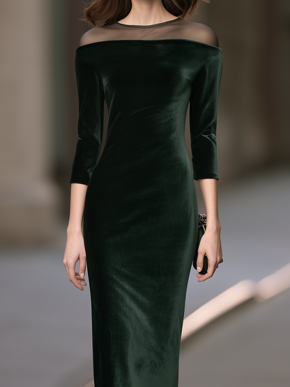 Elegant Velvet Mesh-Panel Off-Shoulder Maxi Evening Dress