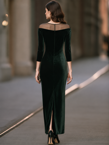 Elegant Velvet Mesh-Panel Off-Shoulder Maxi Evening Dress