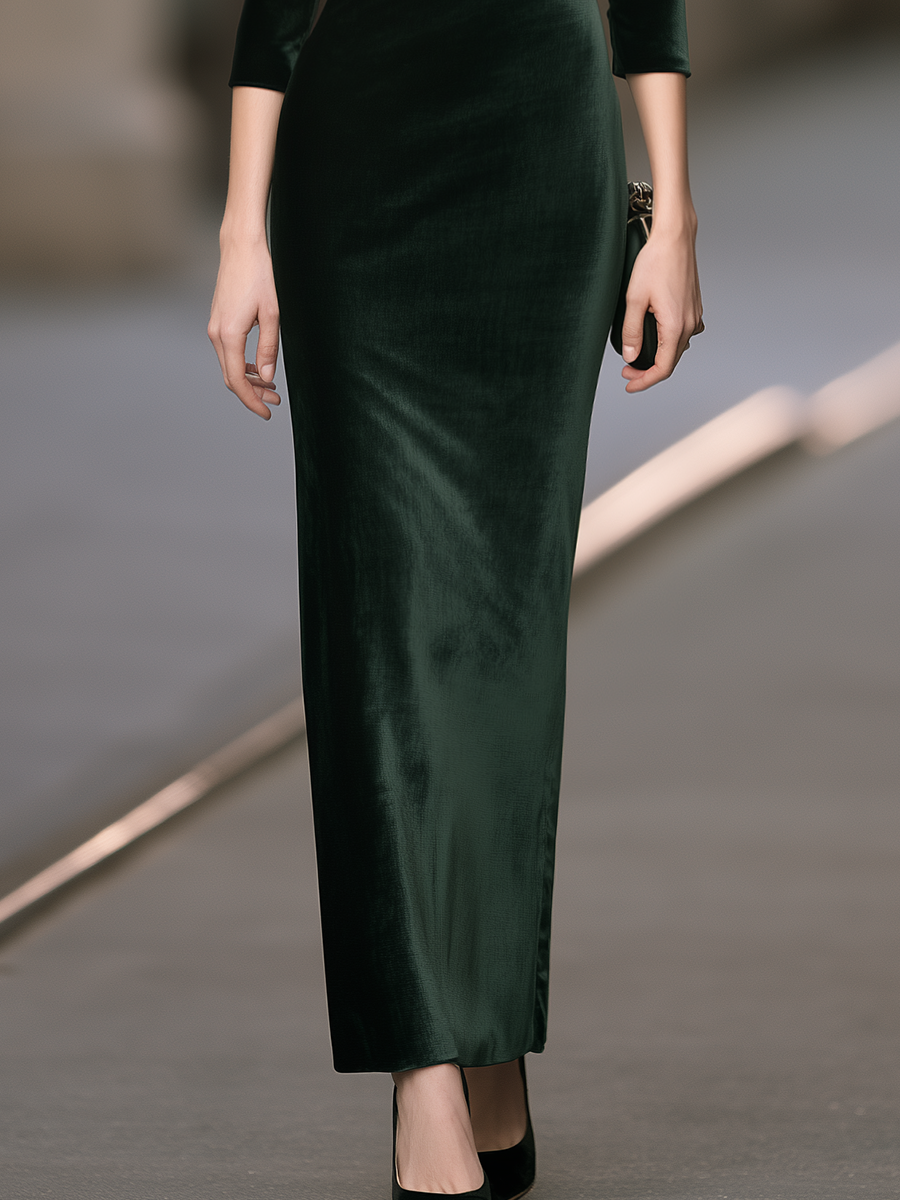 Elegant Velvet Mesh-Panel Off-Shoulder Maxi Evening Dress