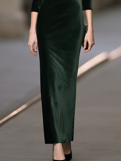 Elegant Velvet Mesh-Panel Off-Shoulder Maxi Evening Dress