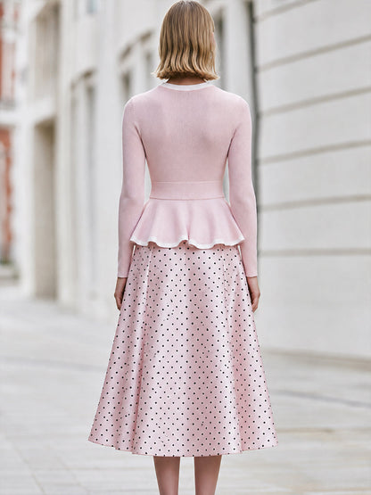Peplum Cardigan And Polka-Dot Midi Skirt Set
