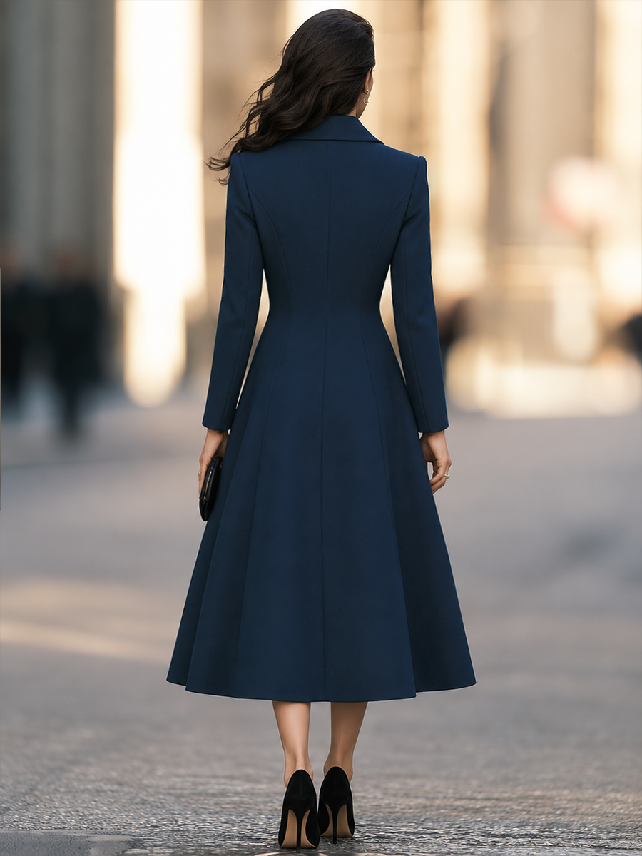 Notched Lapel Asymmetric Button Wrap-Front Midi Coat Dress