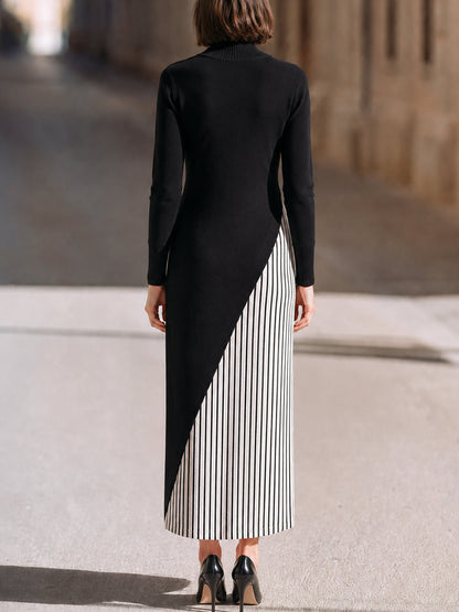 Asymmetric Button-Trim Turtleneck Maxi Dress