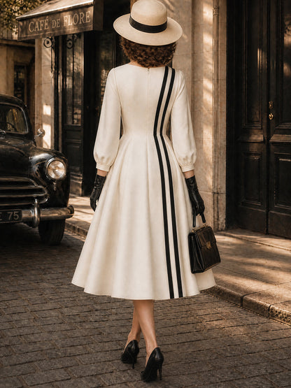 Vintage Ivory Heart Black Stripe Midi Dress