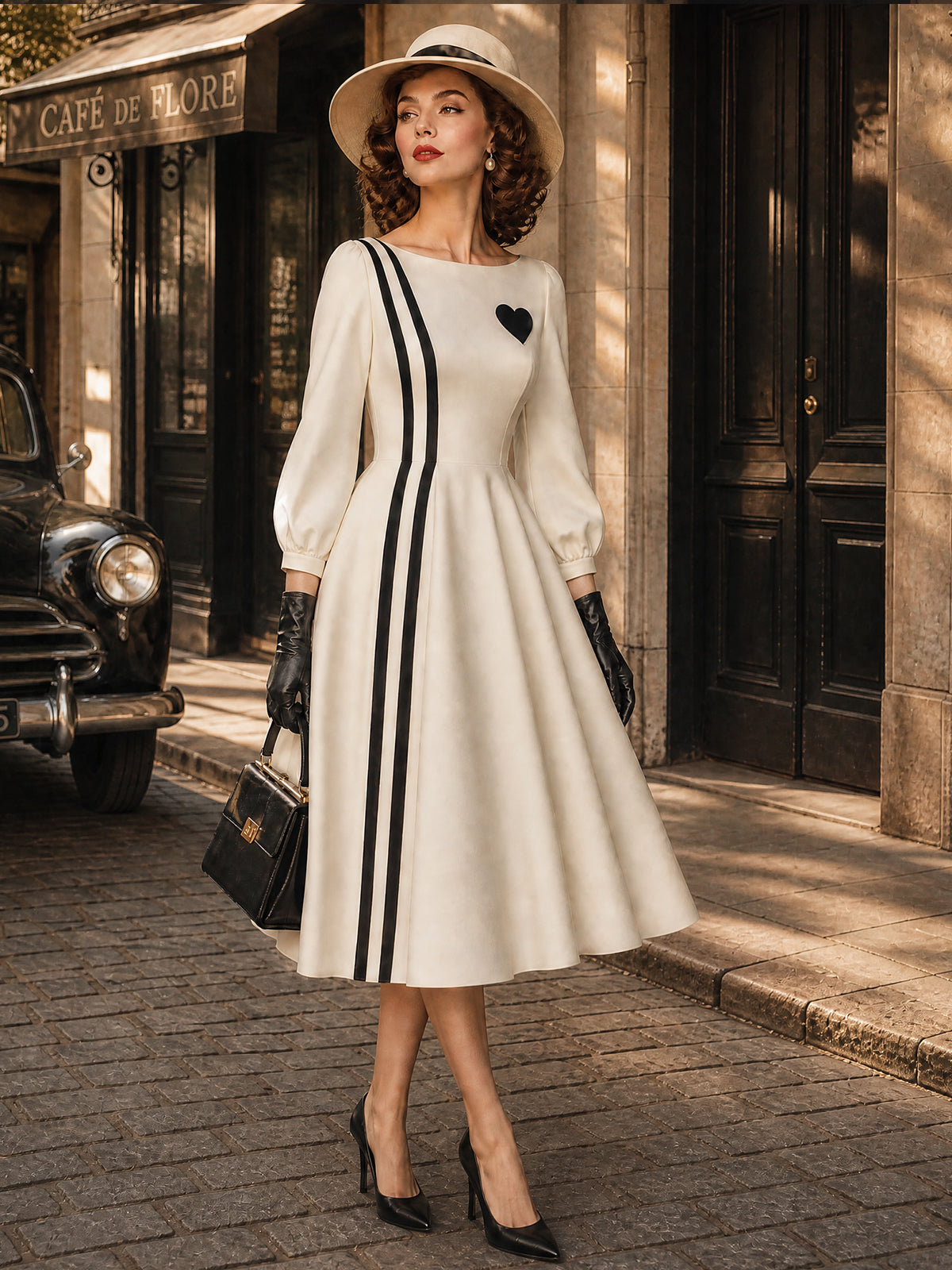 Vintage Ivory Heart Black Stripe Midi Dress
