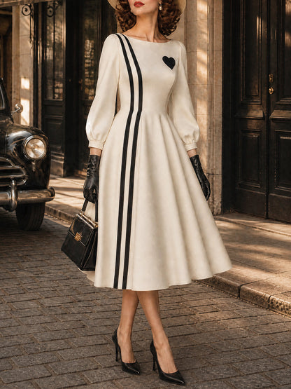 Vintage Ivory Heart Black Stripe Midi Dress