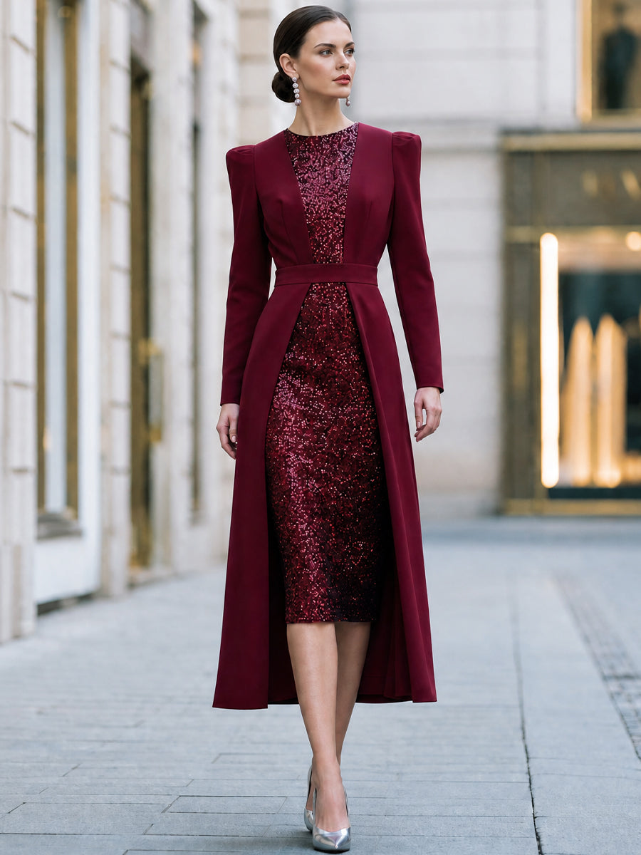 Elegant Long Sleeve Sequin Panel Midi Dress