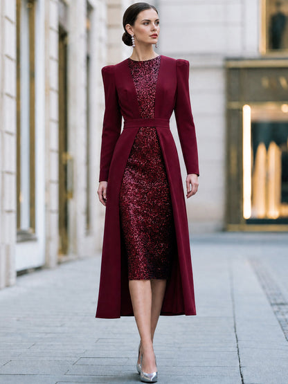 Elegant Long Sleeve Sequin Panel Midi Dress
