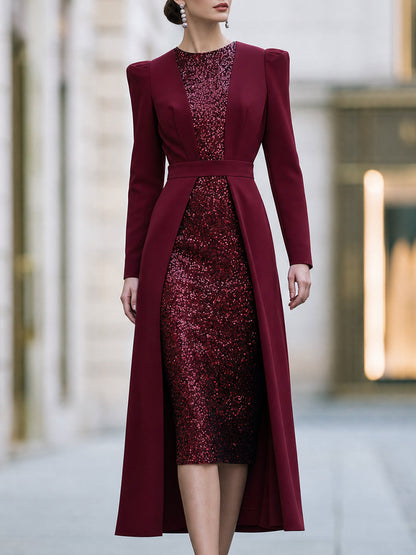 Elegant Long Sleeve Sequin Panel Midi Dress