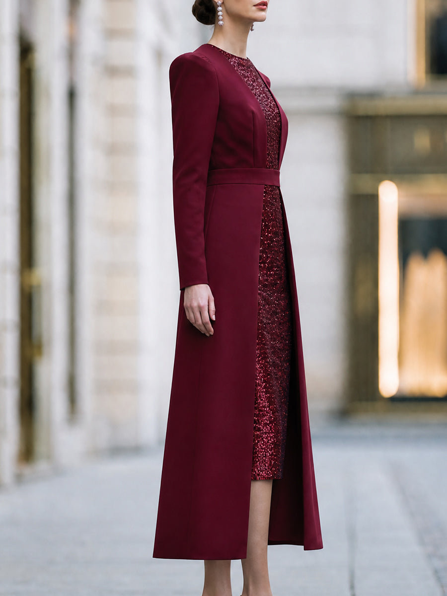 Elegant Long Sleeve Sequin Panel Midi Dress