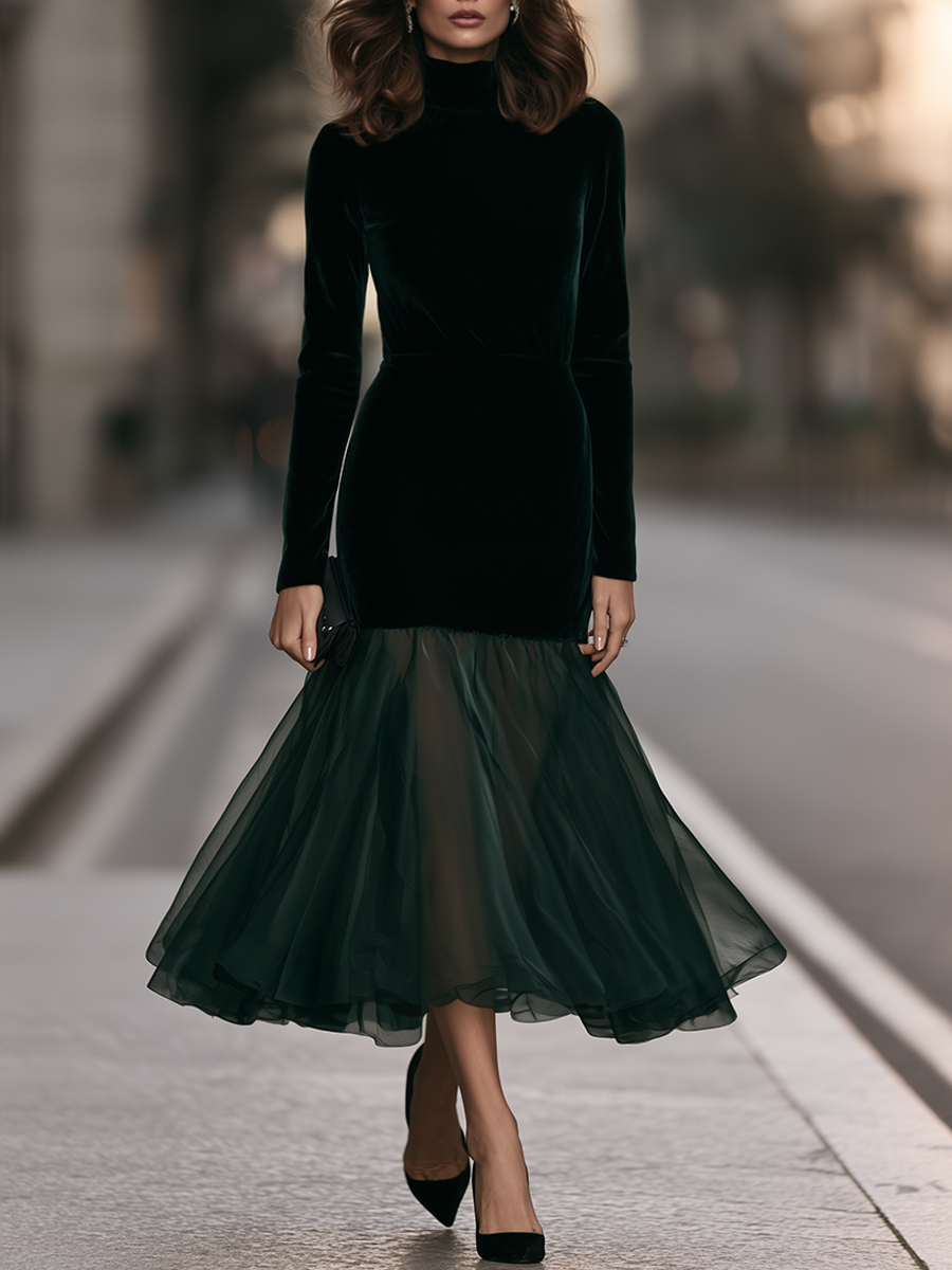 Turtleneck Sheer Organza Flare Hem Velvet Trumpet Maxi Dress