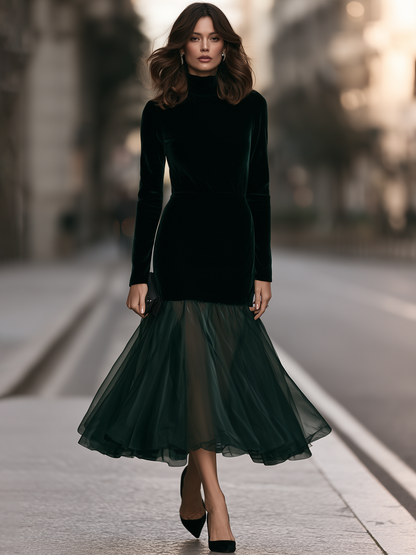 Turtleneck Sheer Organza Flare Hem Velvet Trumpet Maxi Dress