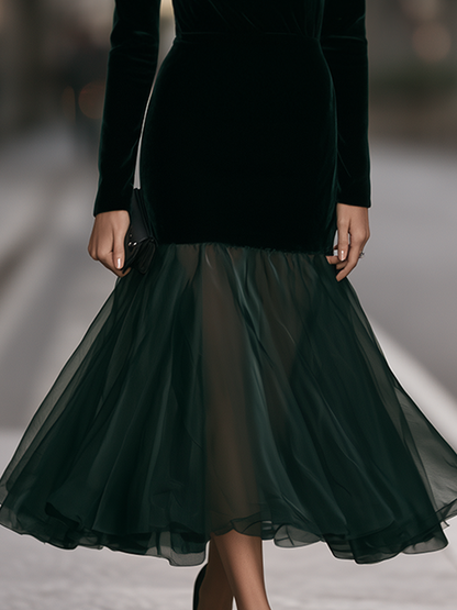 Turtleneck Sheer Organza Flare Hem Velvet Trumpet Maxi Dress