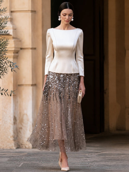 Elegant Satin Long-Sleeve Sequin Mesh Midi Dress