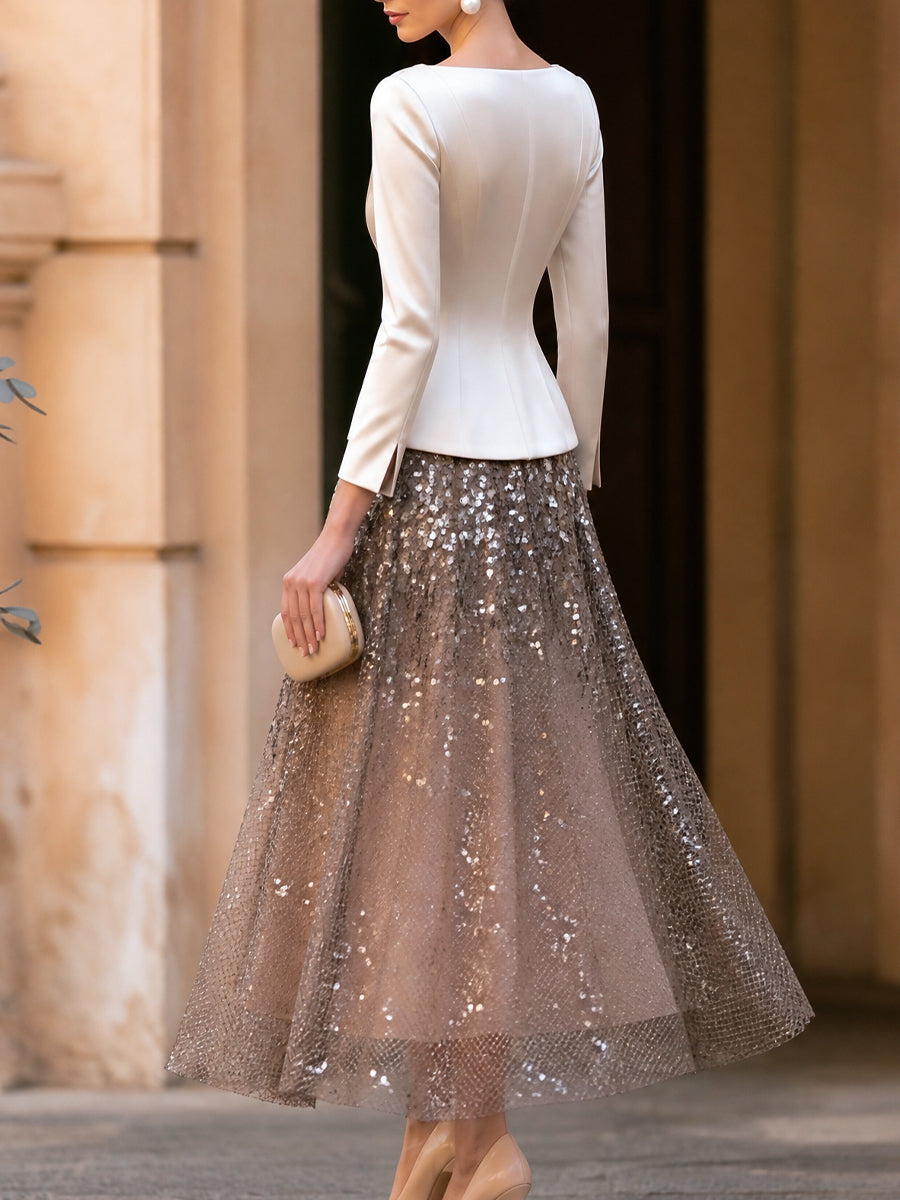 Elegant Satin Long-Sleeve Sequin Mesh Midi Dress