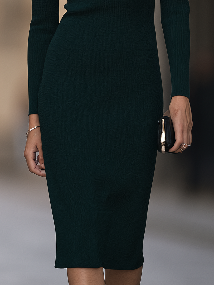 Sheer Pleated Trim Boat-Neck Ribbed Knit Sheath Midi Dress