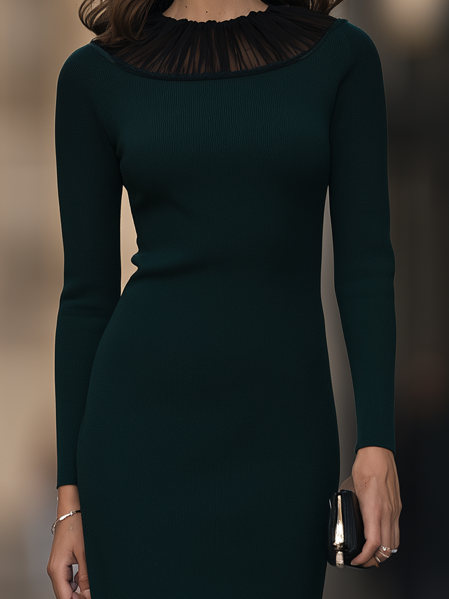Sheer Pleated Trim Boat-Neck Ribbed Knit Sheath Midi Dress