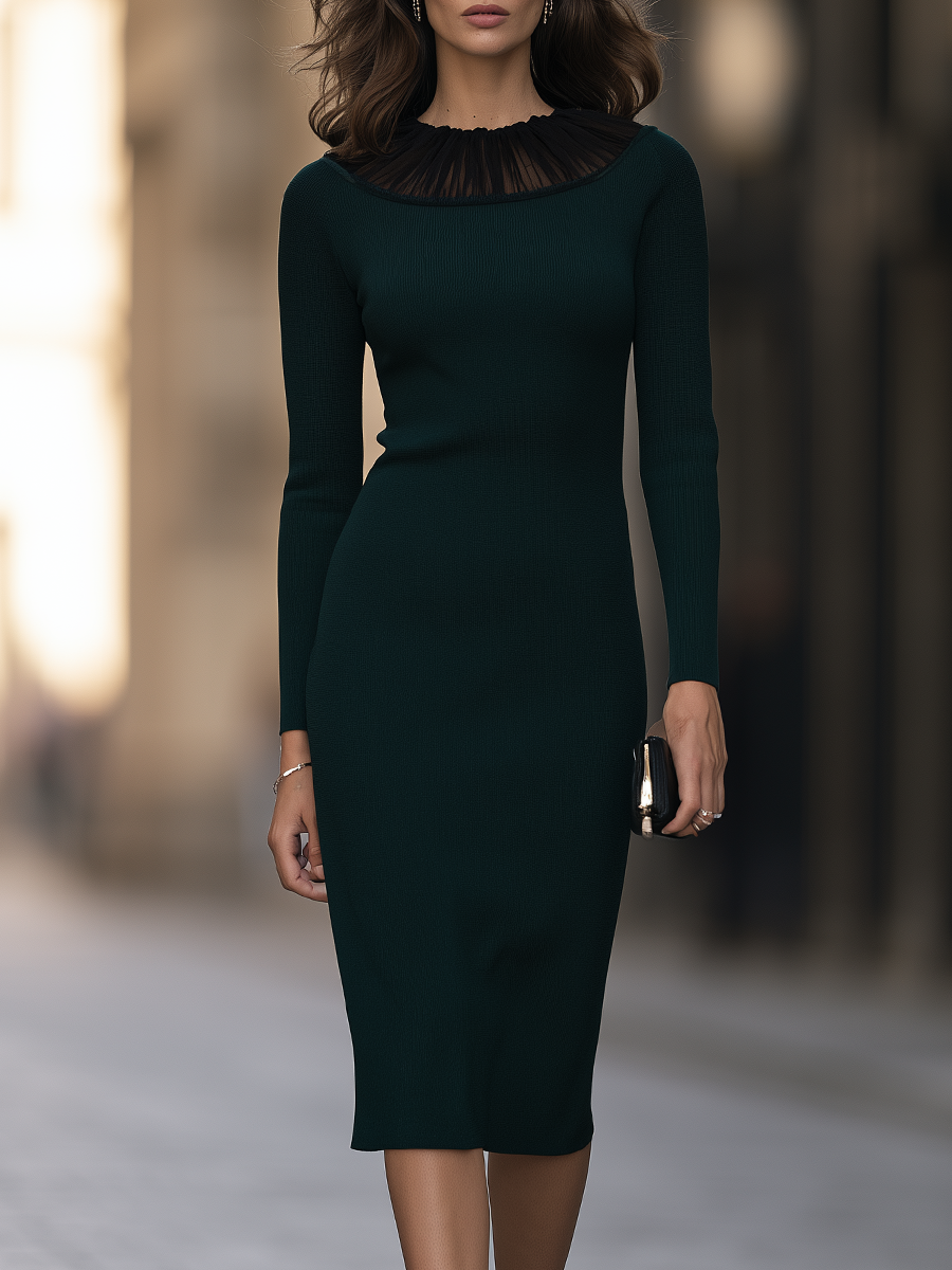 Sheer Pleated Trim Boat-Neck Ribbed Knit Sheath Midi Dress