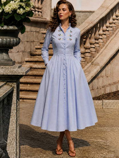 Vintage Light Blue Floral Embroidered Midi Dress