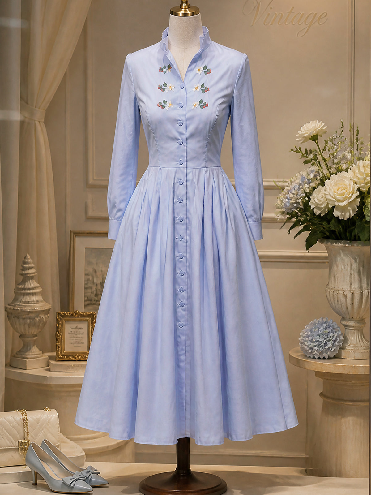 Vintage Light Blue Floral Embroidered Midi Dress