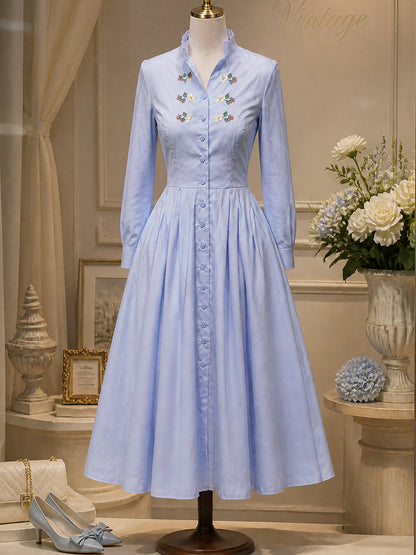 Vintage Light Blue Floral Embroidered Midi Dress