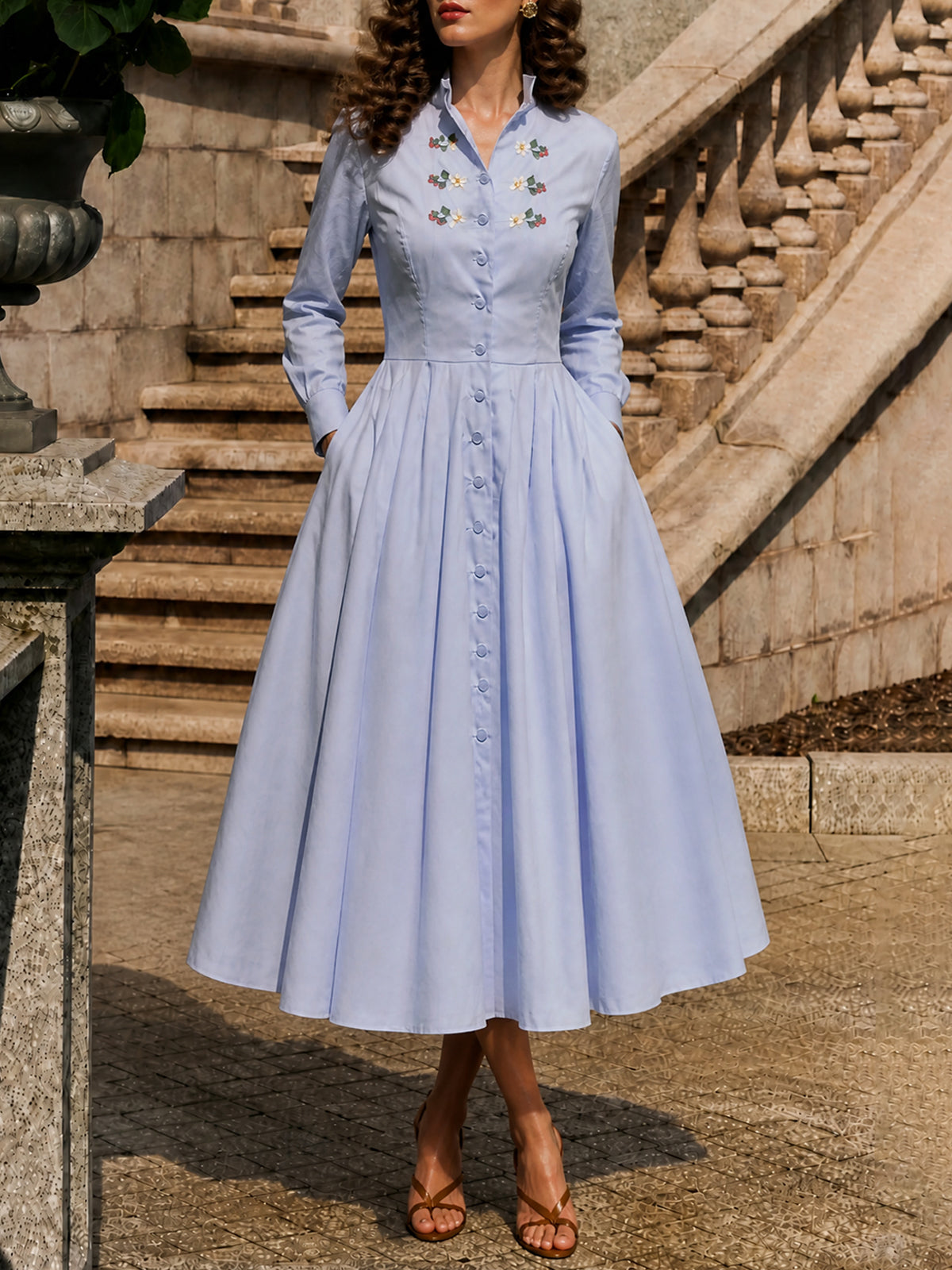 Vintage Light Blue Floral Embroidered Midi Dress