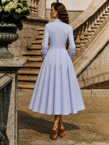 Vintage Light Blue Floral Embroidered Midi Dress