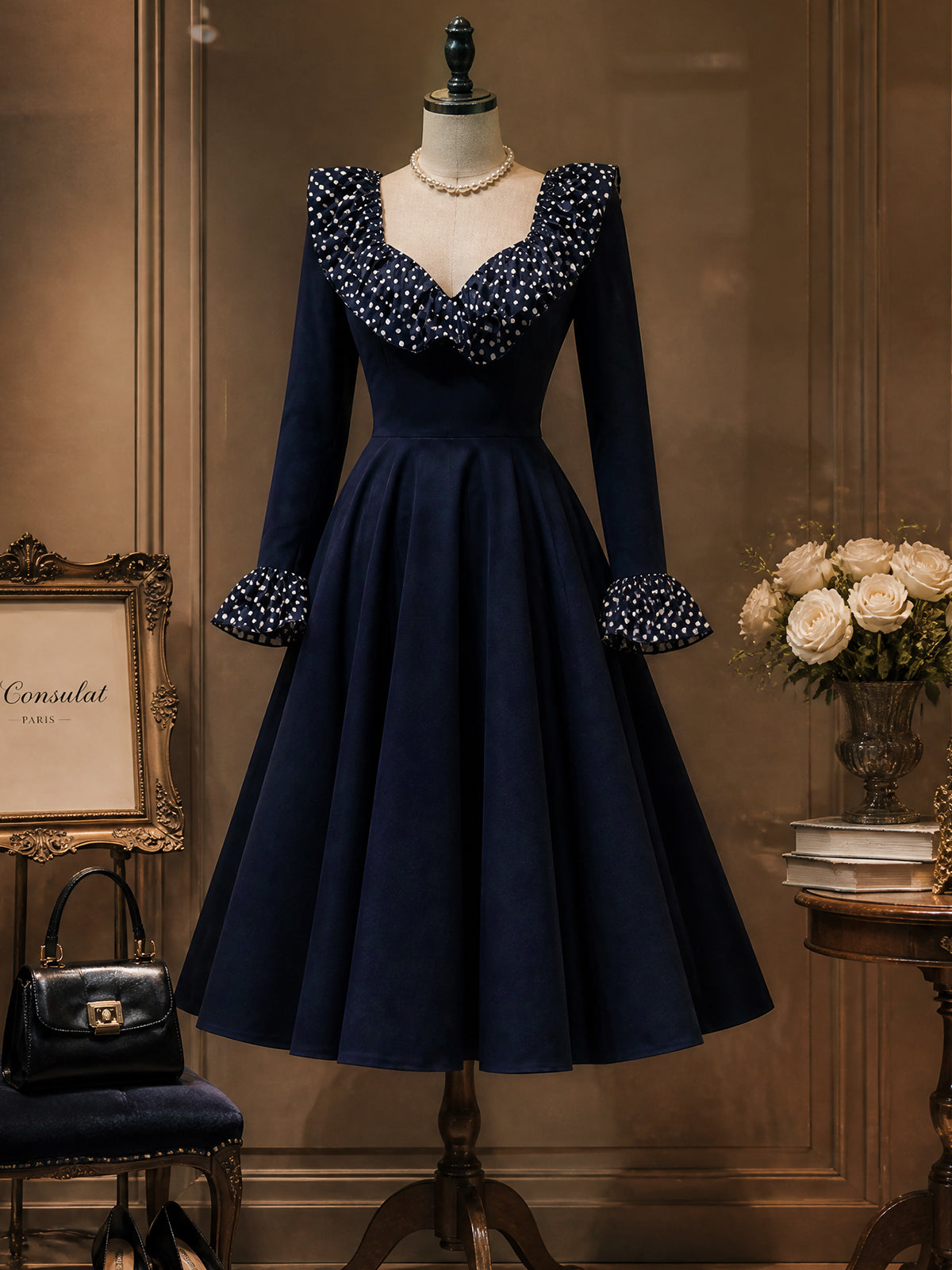Vintage Navy Polka Dot Ruffle V-Neck Mdidi Dress