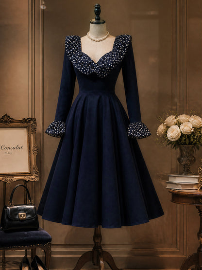 Vintage Navy Polka Dot Ruffle V-Neck Mdidi Dress