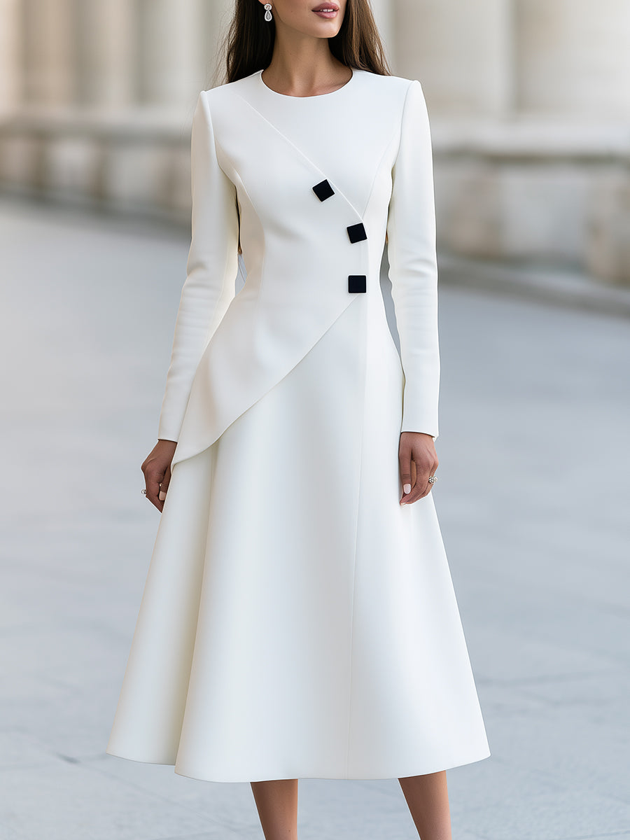 Asymmetric Button-Detail A-Line Midi Dress