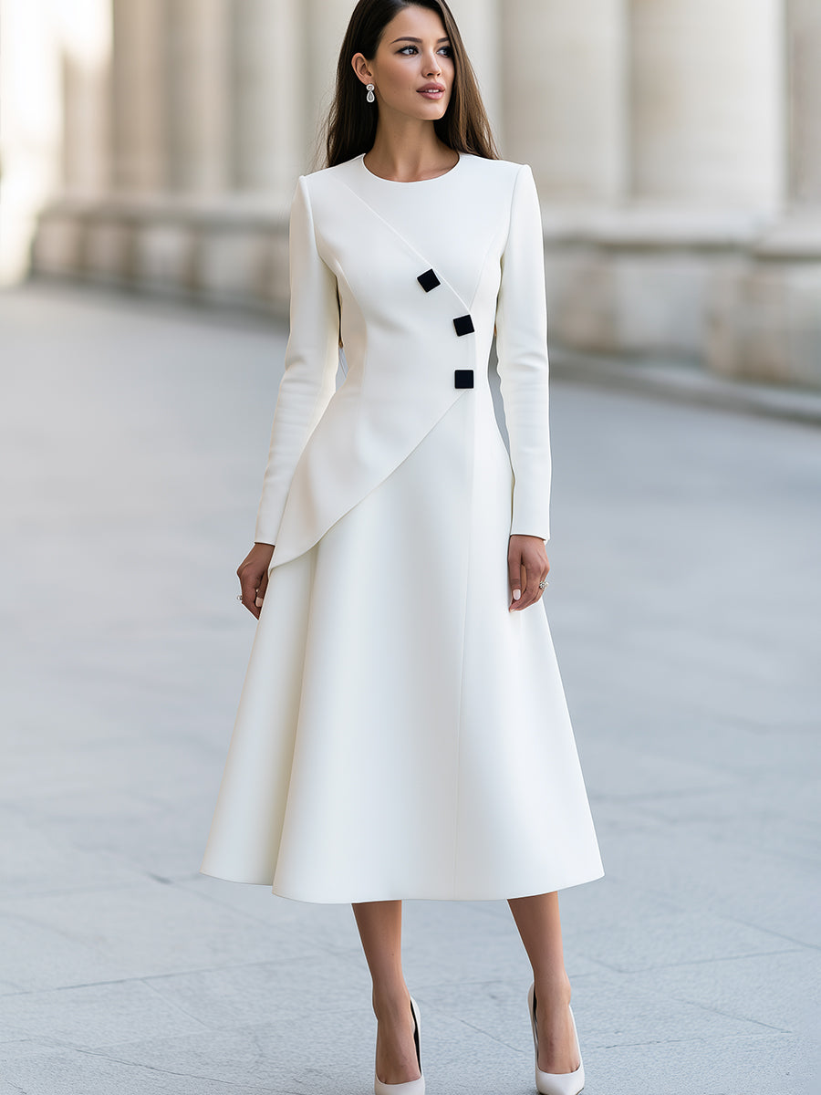 Asymmetric Button-Detail A-Line Midi Dress