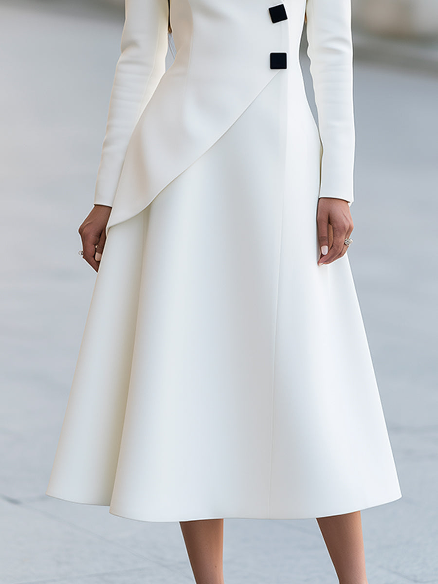 Asymmetric Button-Detail A-Line Midi Dress