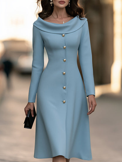 Elegant Decorative Buttons Off-the-Shoulder Portrait Collar Midi Dress