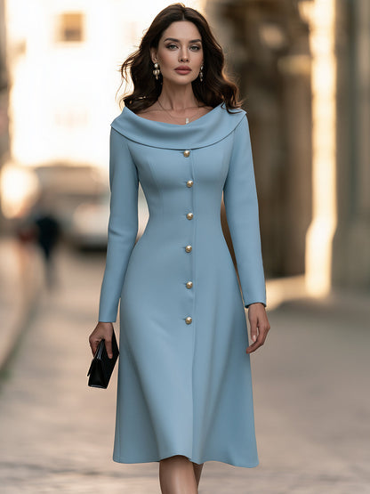 Elegant Decorative Buttons Off-the-Shoulder Portrait Collar Midi Dress
