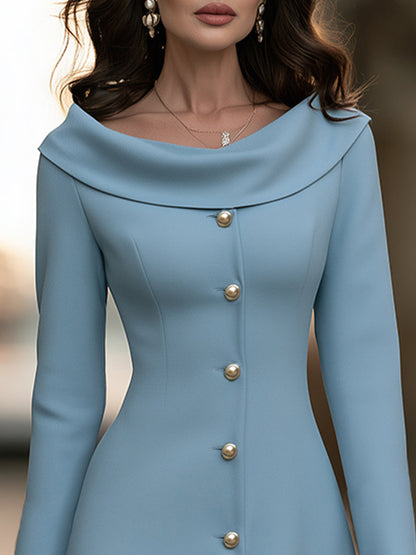 Elegant Decorative Buttons Off-the-Shoulder Portrait Collar Midi Dress