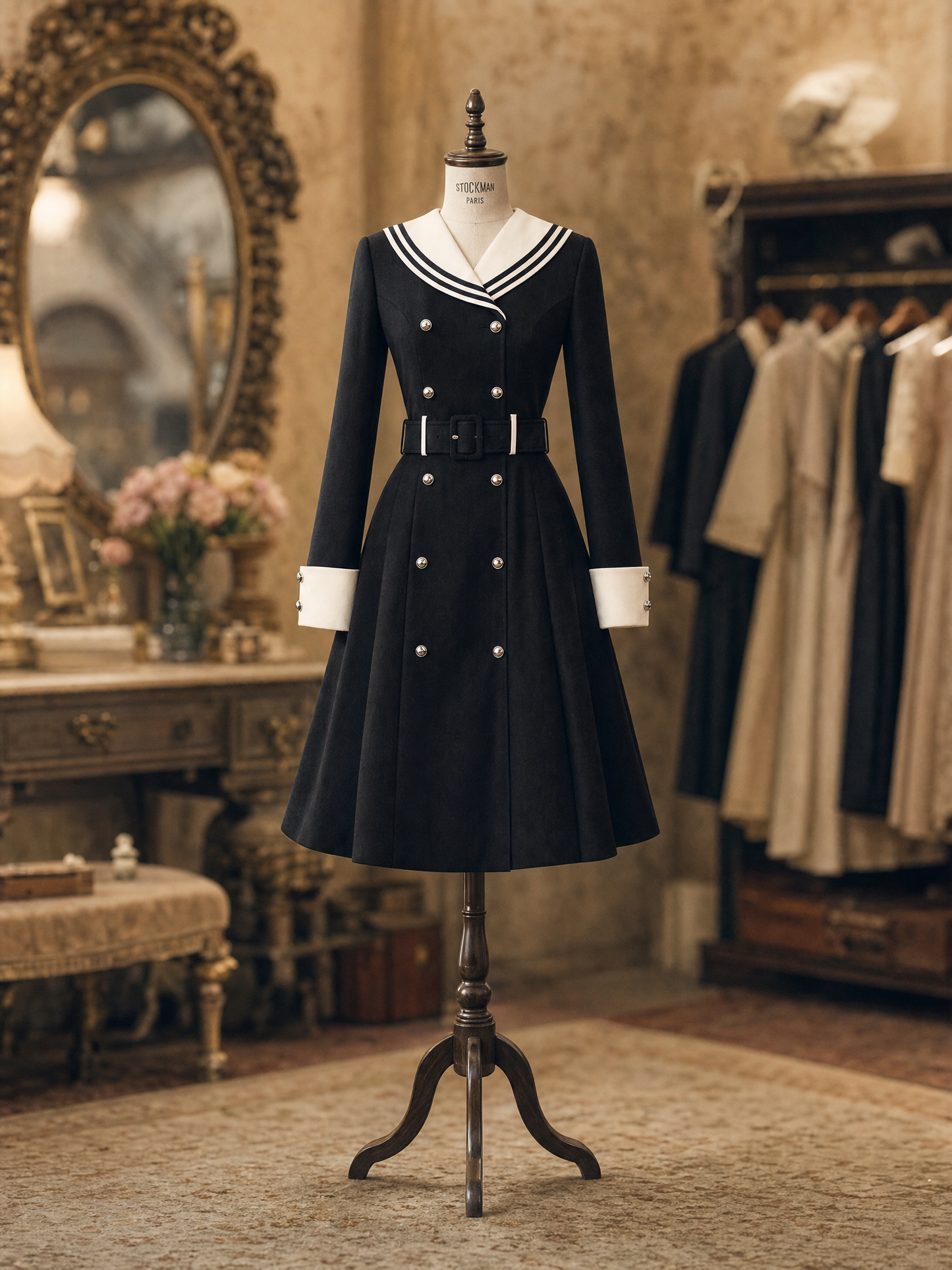 Vintage French Sailor Collar Belted Coat‑Style Midi Dress