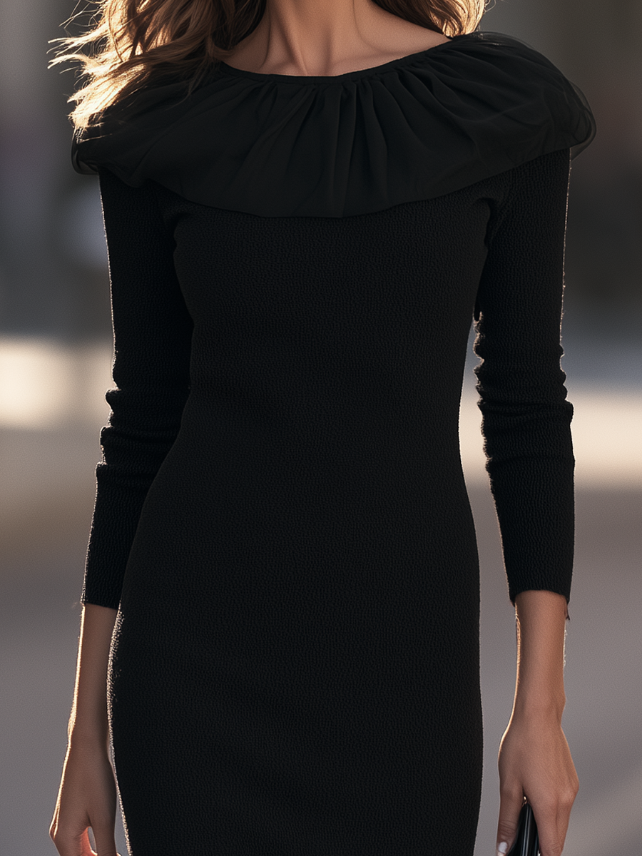 Gathered Chiffon Portrait Collar Textured Knit Sheath Midi Dress