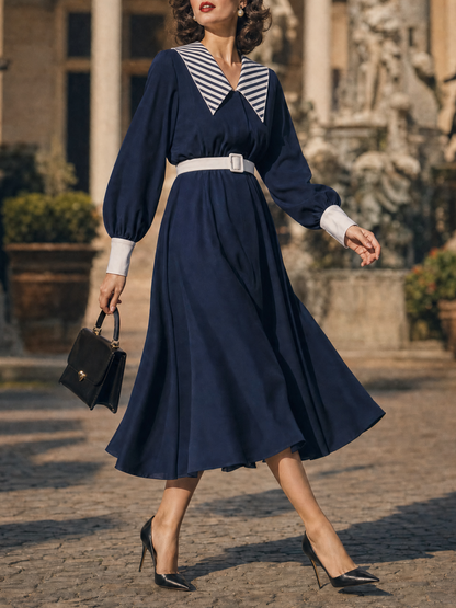 Vintage French Striped Sailor Collar Lantern Sleeve Belted A‑Line Midi Dress